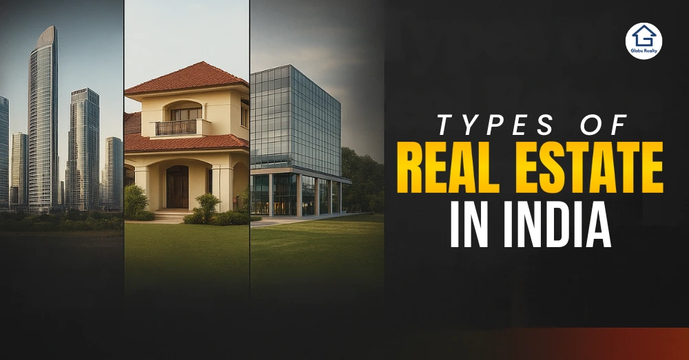 Infographic showing different types of real estate in India, including residential, commercial, and industrial properties, highlighting modern architecture and housing options.