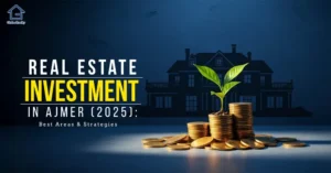 Professional banner showing coins and a growing plant symbolizing real estate investment in Ajmer 2025 with a modern house background and Globe Realty logo.