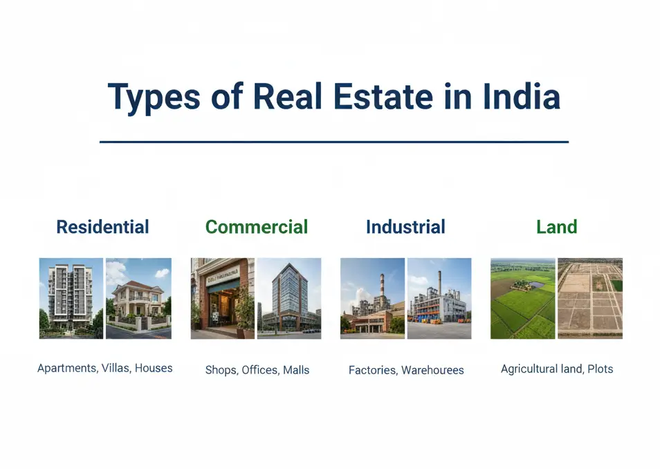 Types of Real Estate in India” showing four main categories — Residential, Commercial, Industrial, and Land. Residential includes apartments, villas, and houses; Commercial covers shops, offices, and malls; Industrial includes factories and warehouses; and Land features agricultural land and plots.