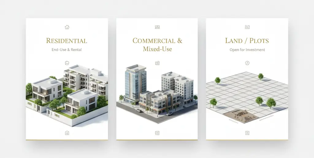 Infographic showing three types of properties for real estate investment in Ajmer — residential buildings, commercial spaces, and land or plots, displayed in a clean modern 3D design.