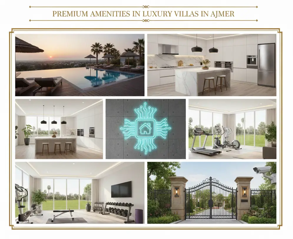 Infographic showing premium amenities available in luxury villas in Ajmer, including swimming pool, modular kitchen, smart home features, gym, and secure gated entrance.