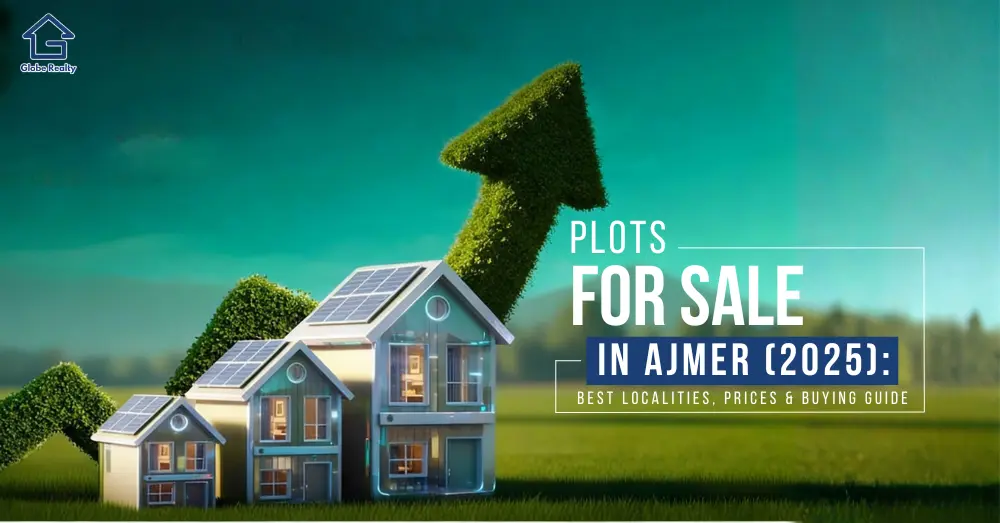 Modern houses with greenery and upward arrow showcasing rising demand for plots for sale in Ajmer in 2025
