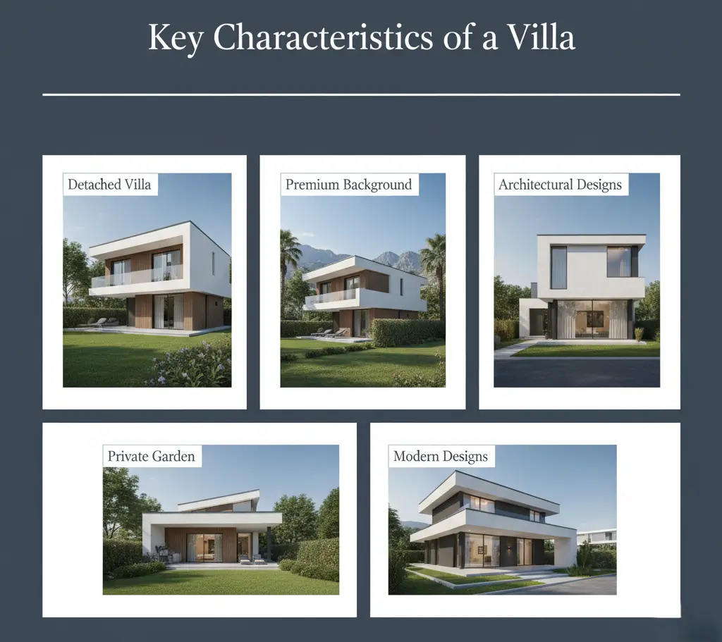 Visual guide showing key characteristics of a villa — detached villa, premium background, architectural designs, private garden, and modern designs helping explain what is a villa?