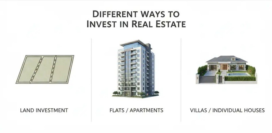 Different ways to invest in real estate including land investment, flats or apartments, and villas or individual houses - Why to Invest in Real Estate concepts infographic.