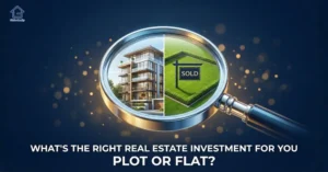 Real Estate Investment concept image highlighting the decision between buying a residential plot or a ready-to-move flat