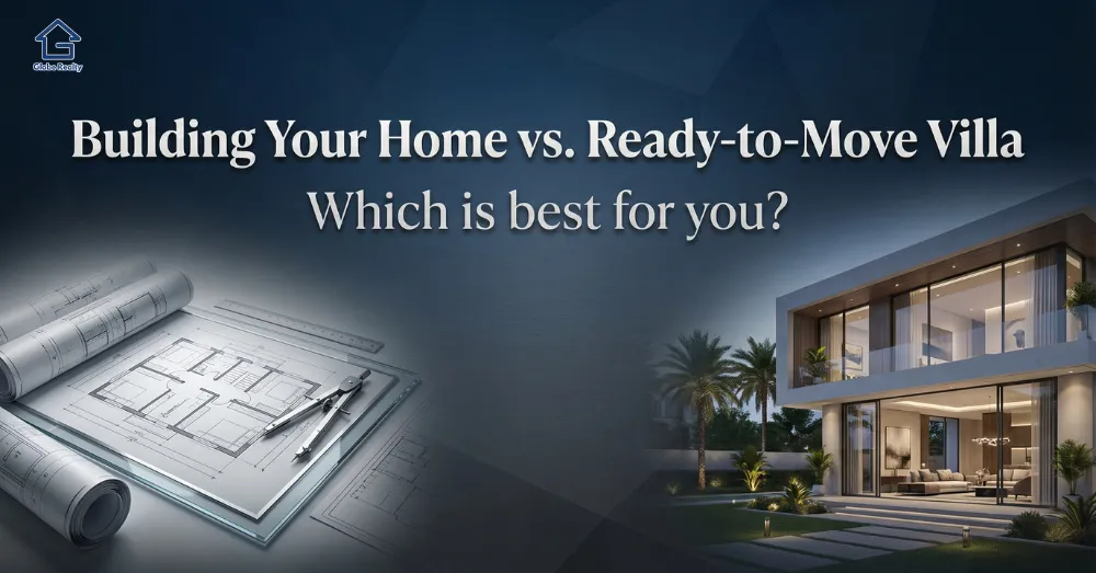 Building Your Home vs Ready-to-Move Villa illustration with architectural plans and modern villa – property in Ajmer.