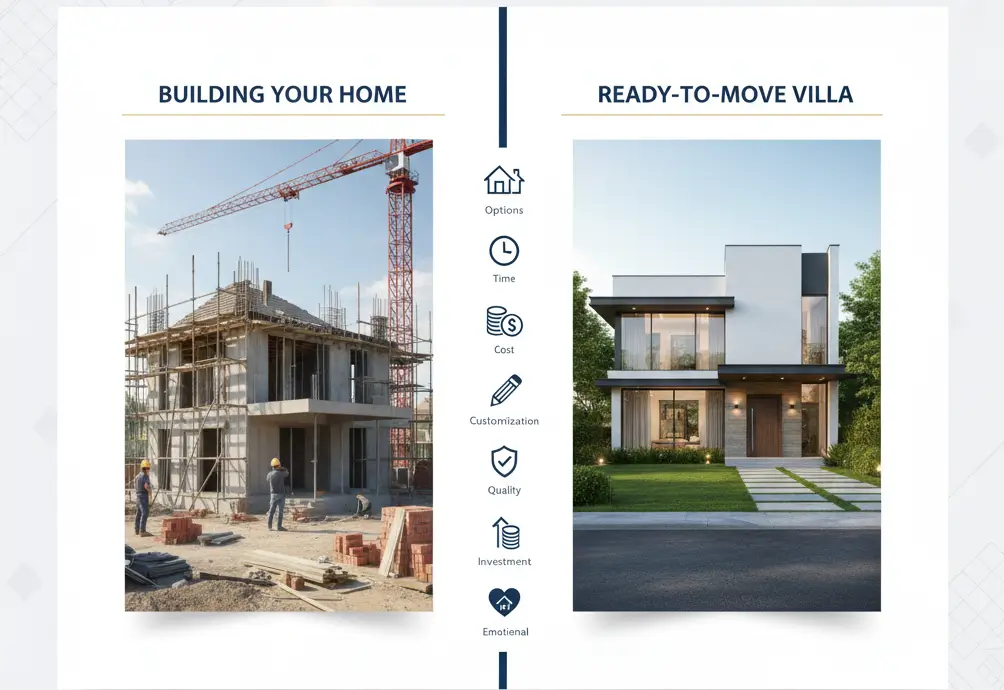 Comparison infographic of Building Your Home vs Ready-to-Move Villa showing options, time, cost, customization, quality, and investment benefits – property in Ajmer.