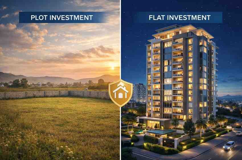 Real Estate Investment comparison showing plot investment versus flat investment to help buyers choose the right property option