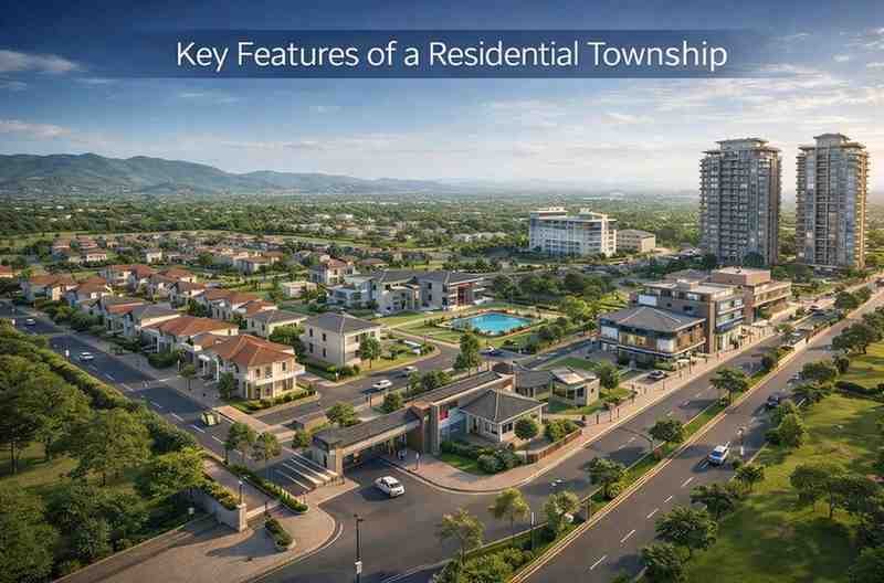 Residential Township showcasing planned infrastructure, villas, apartments, green spaces, and internal roads in a modern community