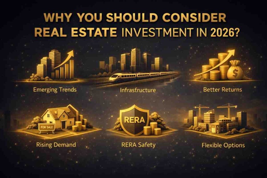 Professional dark blue and gold themed visual showing why you should consider Real Estate Investment in 2026, symbolizing time-bound growth, wealth creation, and long-term returns through modern real estate development.