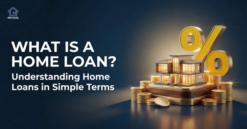 What is home loan explained in simple terms with house, interest rate, and loan concept visual
